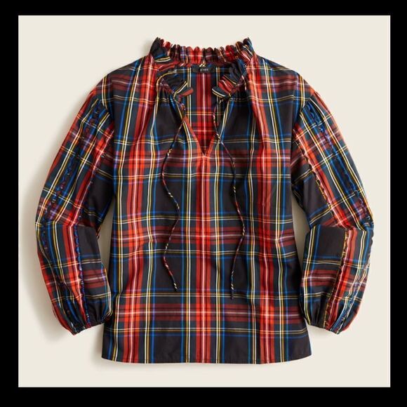 J Crew Stewart Tartan Plaid Tie Neck Scalloped Top NWT - Picture 1 of 14